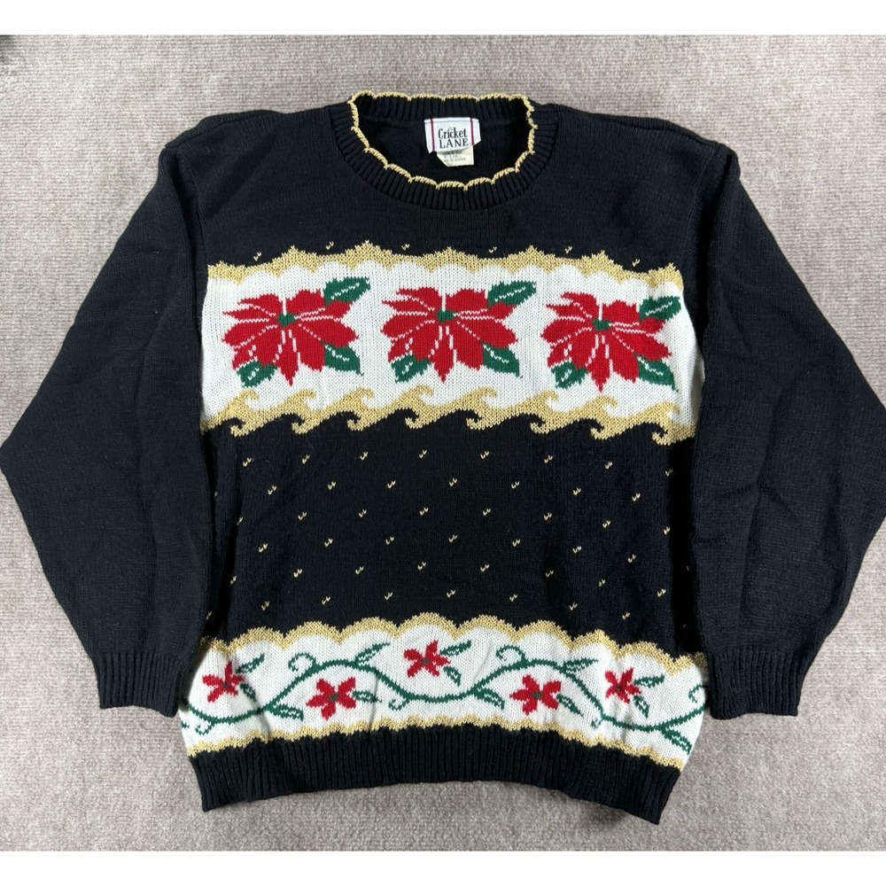 Vintage Cricket Lane Poinsettia Christmas Sweater XL Black Gold‎ Lurex USA